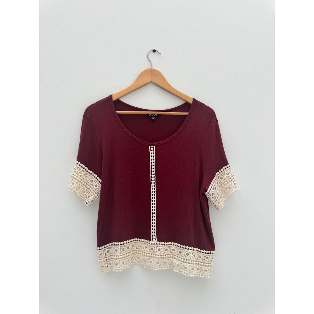 J for Justify Wine Red Top - Cream Crochet Lace Trim - Boho Style - Size L